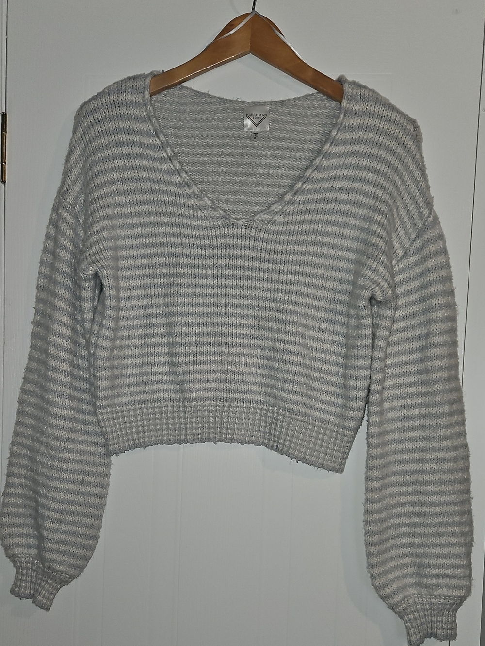Striped Light Gray V-Neck Sweater - Women's Knit Pullover